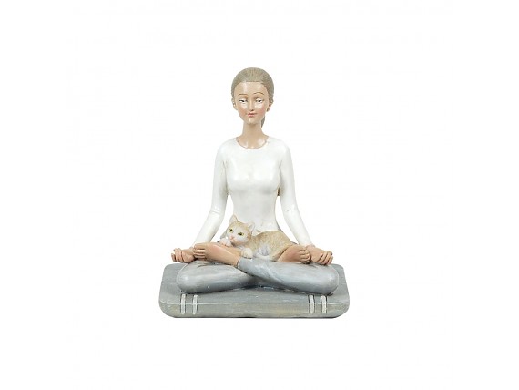 Figura mujer haciendo yoga con gato
