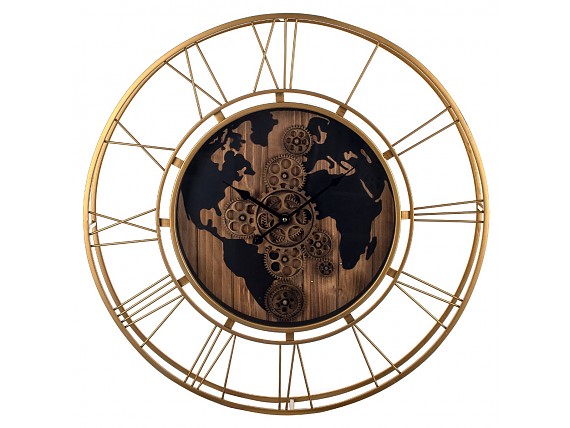 Reloj pared dorado esfera mapamundi con números romanos