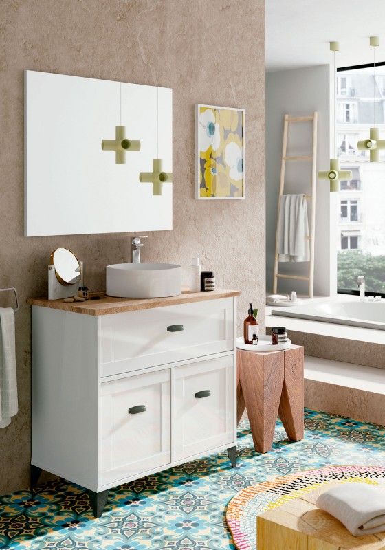 Mueble de baño con lavabo y columnas, 80 cm, color natural y blanco, ARUBA