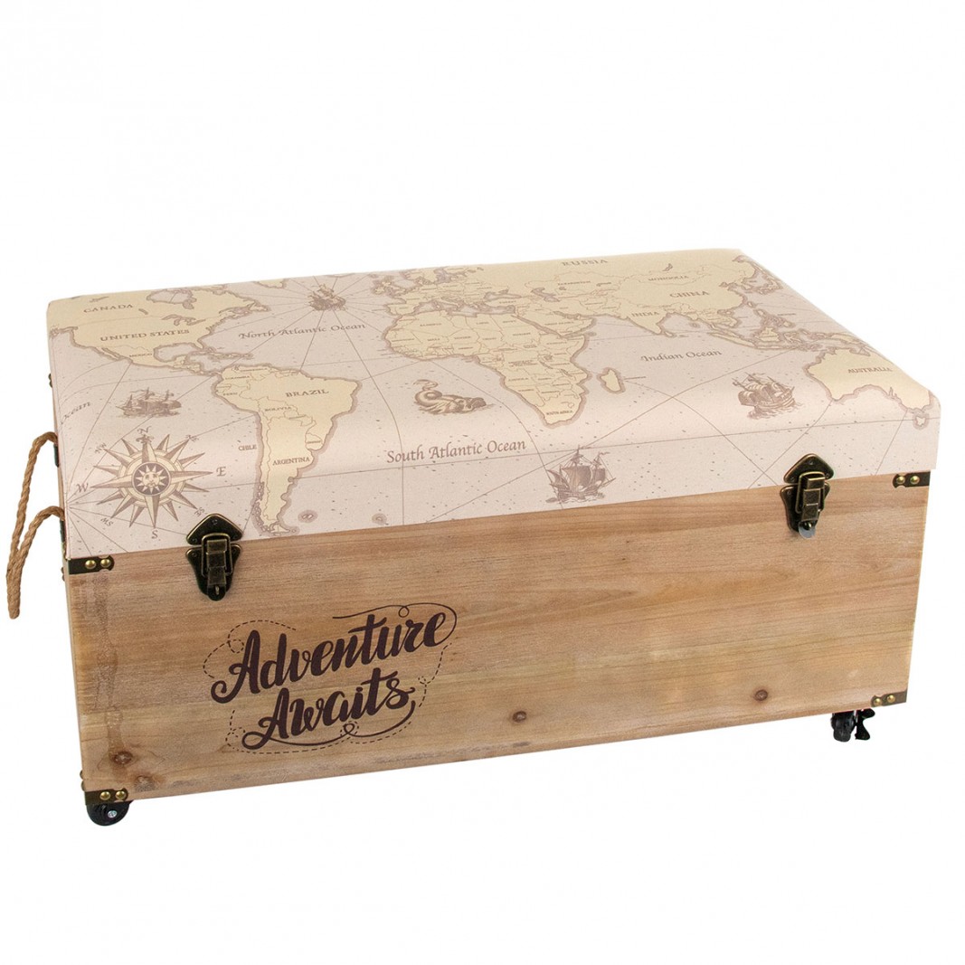 Taburete baúl vintage de madera y polipiel mapamundi