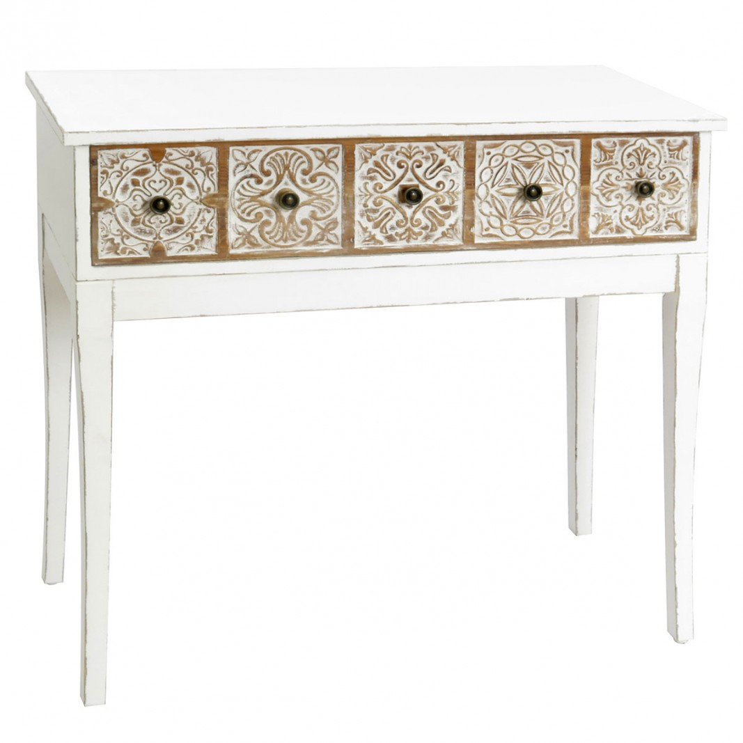 Mueble recibidor consola vintage con cajón blanco y madera natural