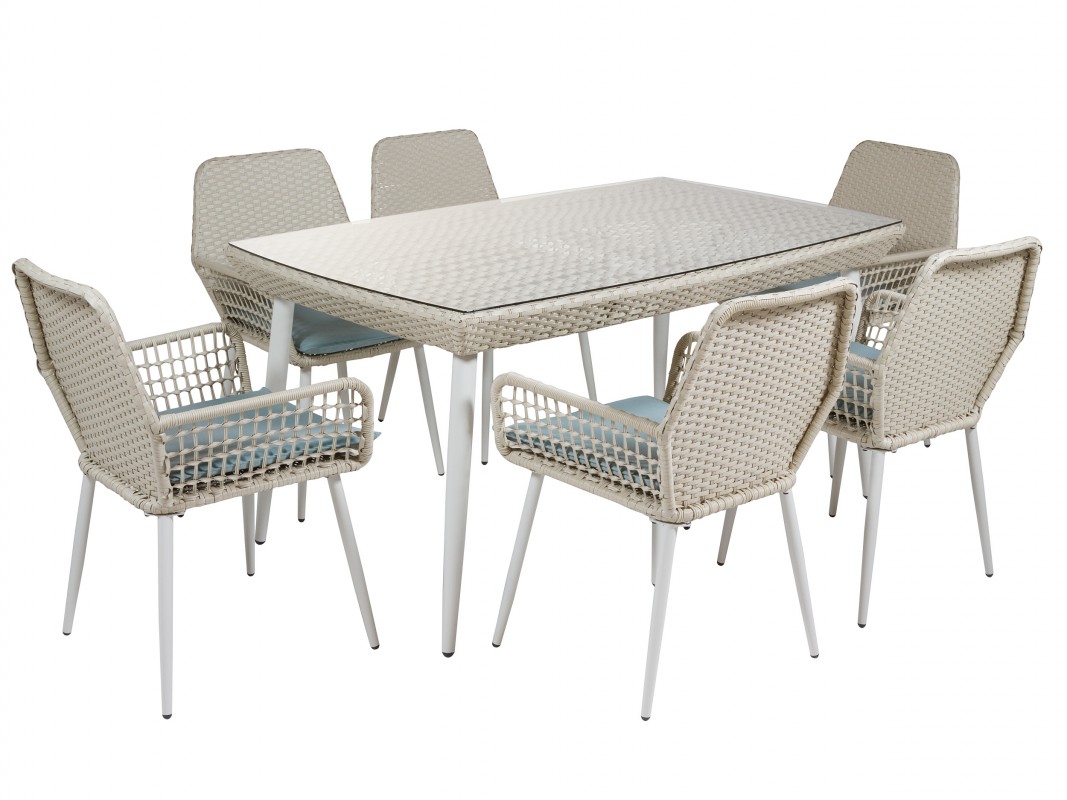 Conjunto mesa y 6 sillas para jardín ratán y alimunio blanco y crema