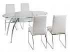 Conjunto mesa de vidrio y sillas blancas de polipiel