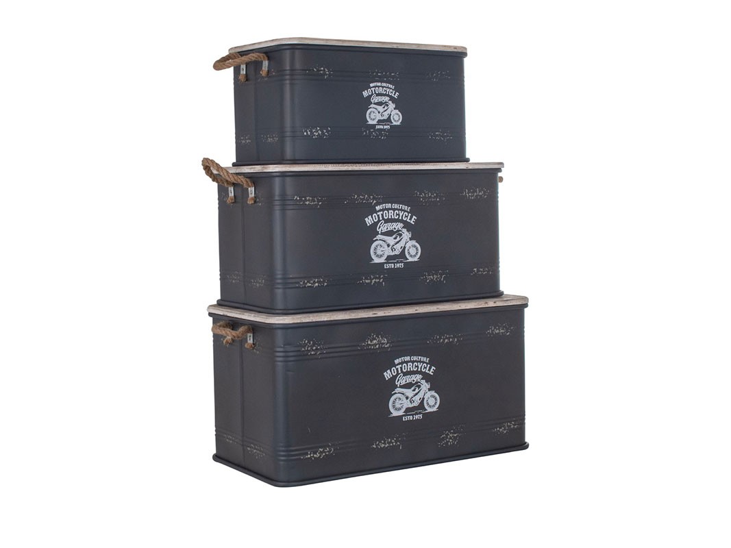Set baúles almacenaje de metal y madera apilables 3 tamaños